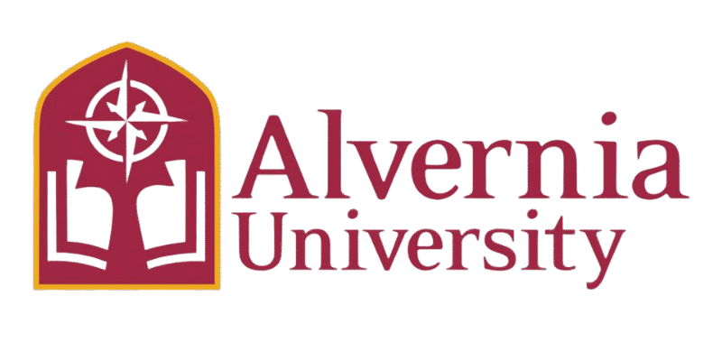 A red and yellow logo for alvernia university.